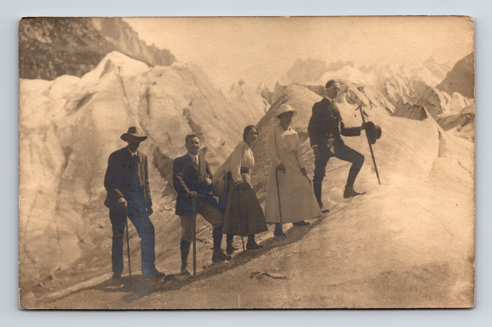 1918 RPPC Glacier Climbers Men & Women Swiss Alps? Mountains Real Photo Postcard