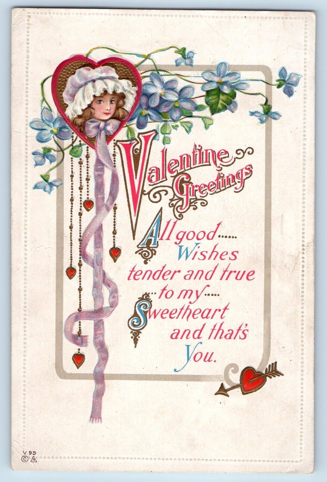 Valentine Postcard Greetings Heart Dart Flowers Embossed c1910\'s Antique