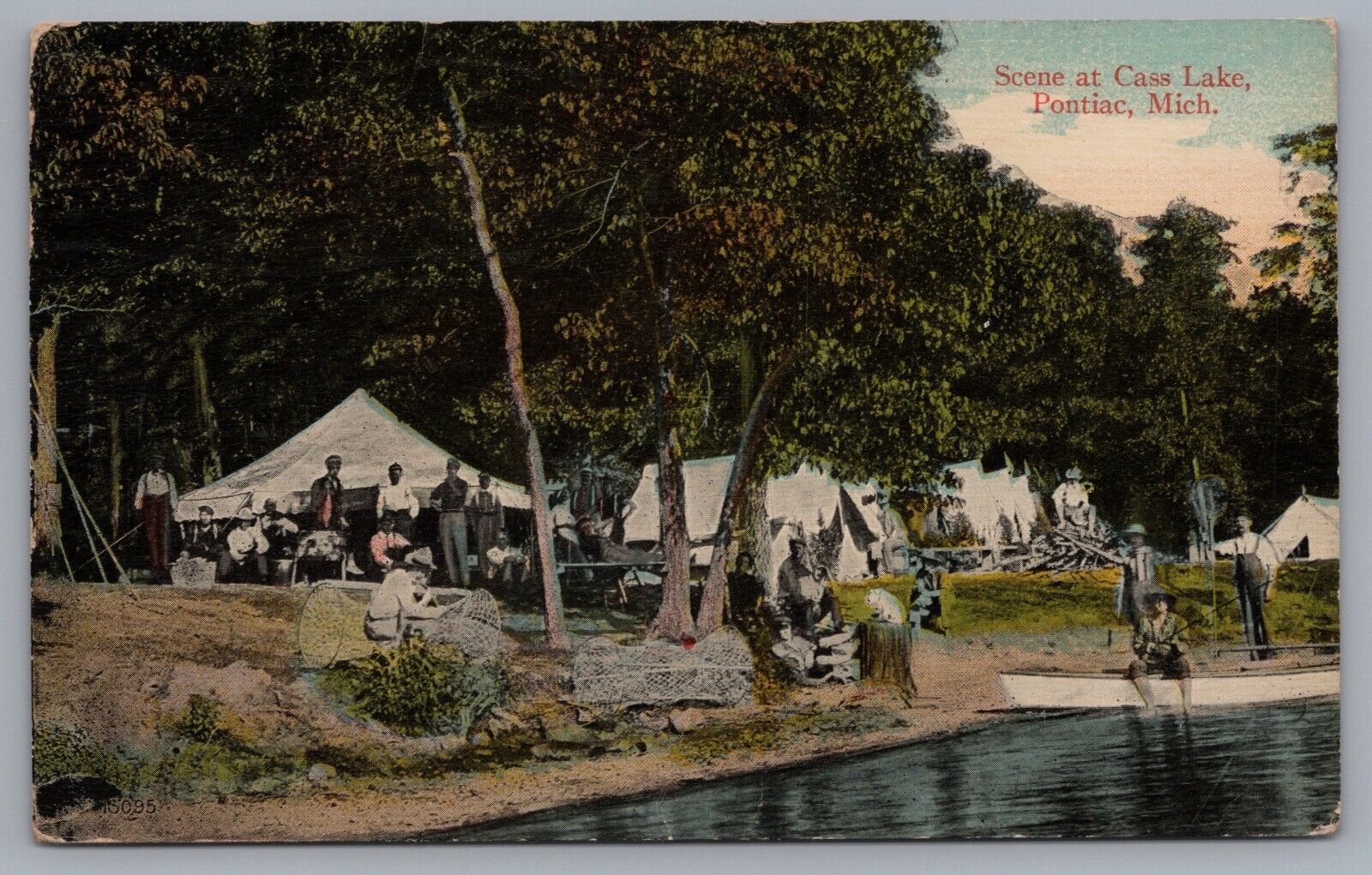 Scene At Cass Lake Pontiac Michigan Camping Fishing Postcard