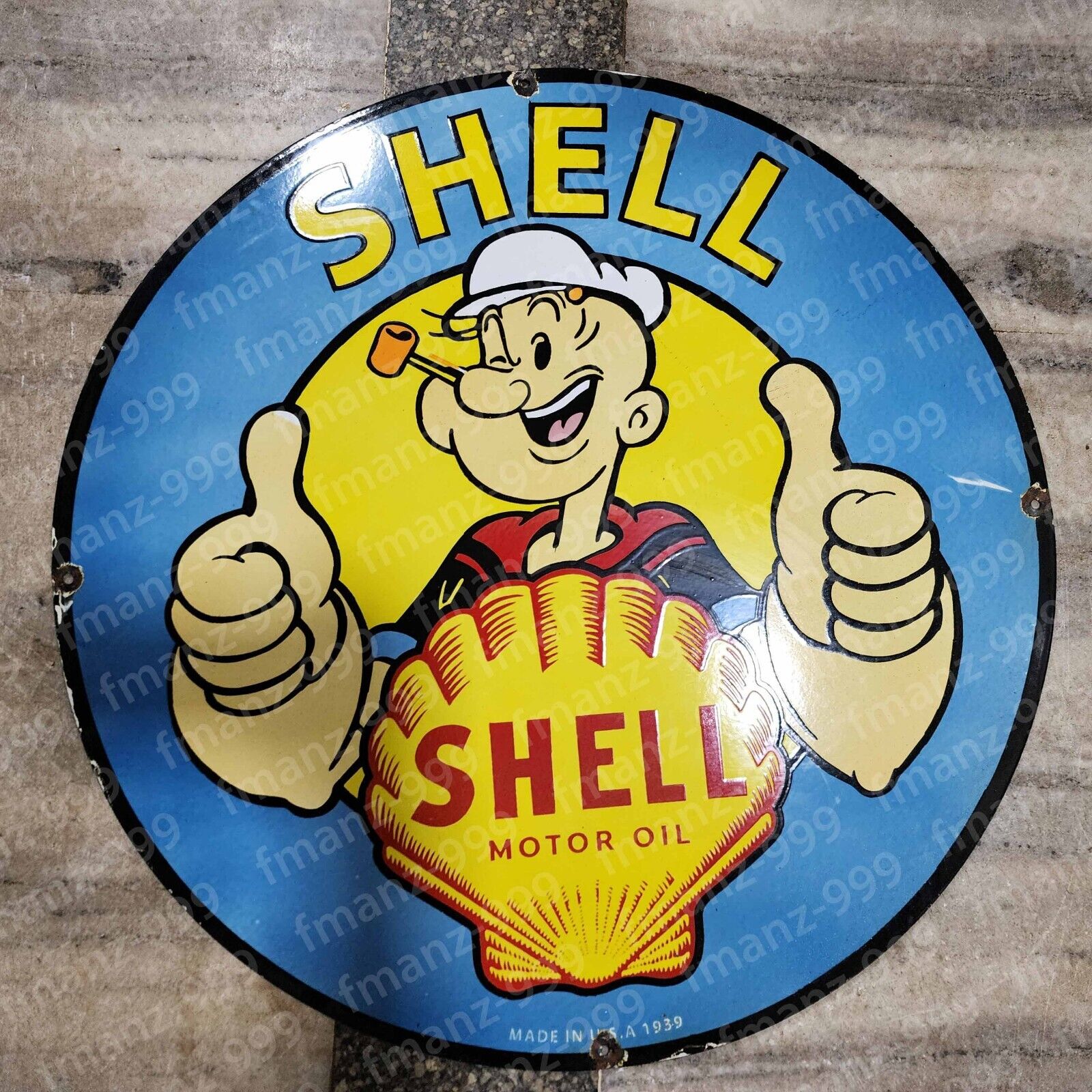 SHELL POPEYE PORCELAIN ENAMEL SIGN 30 INCHES ROUND