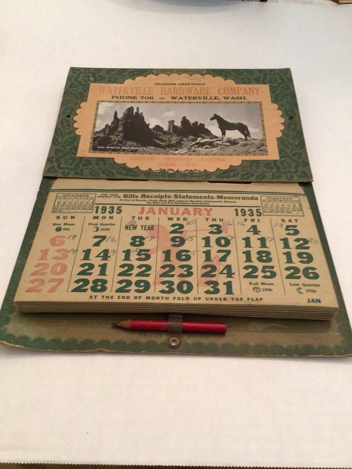 1935 Calendar Waterville Hardware Company w/ pencil holder Fantastic Piece