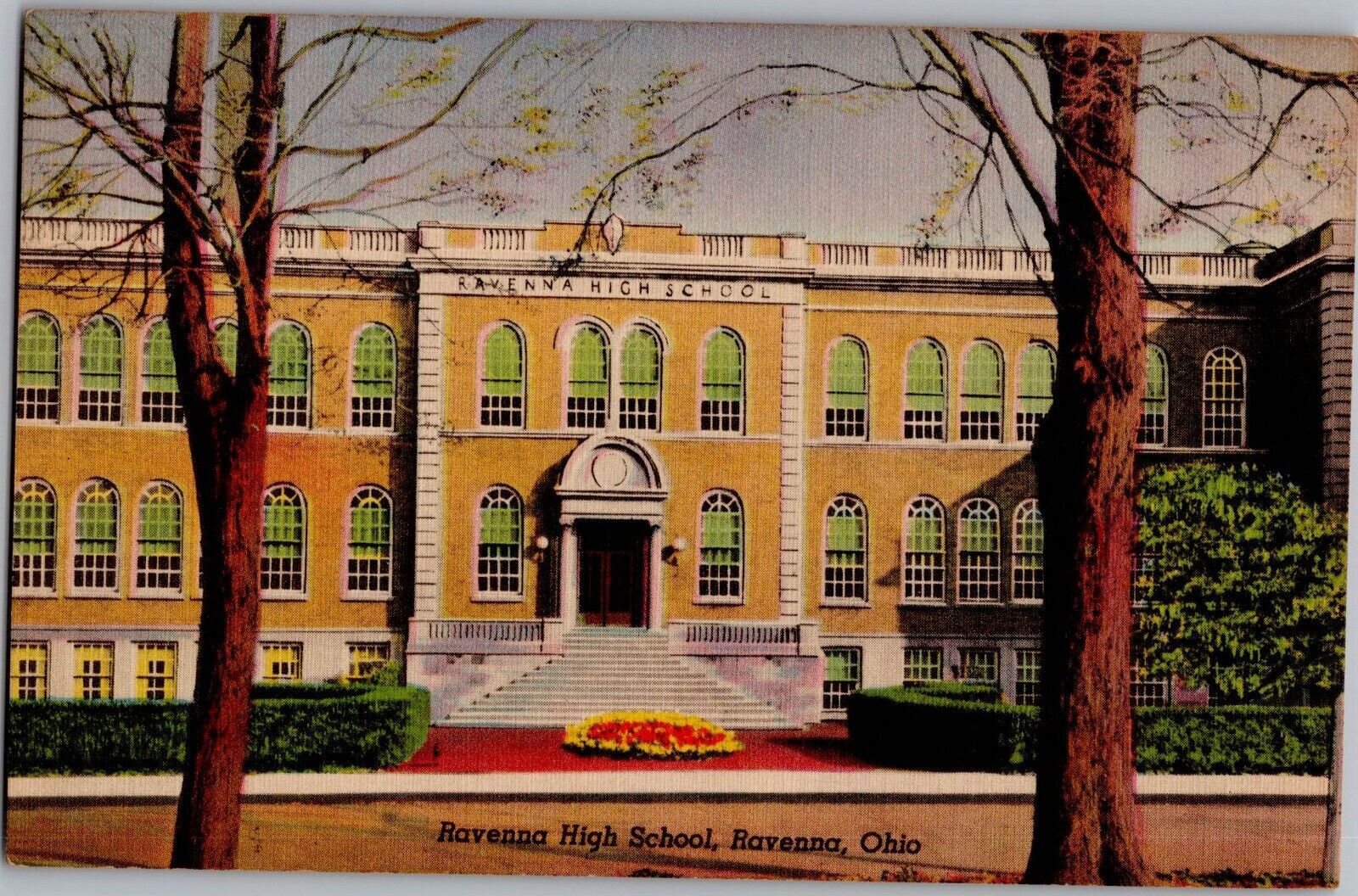 c 1930s Ravenna, Ohio Ravenna High School Ravens Vintage Linen Postcard