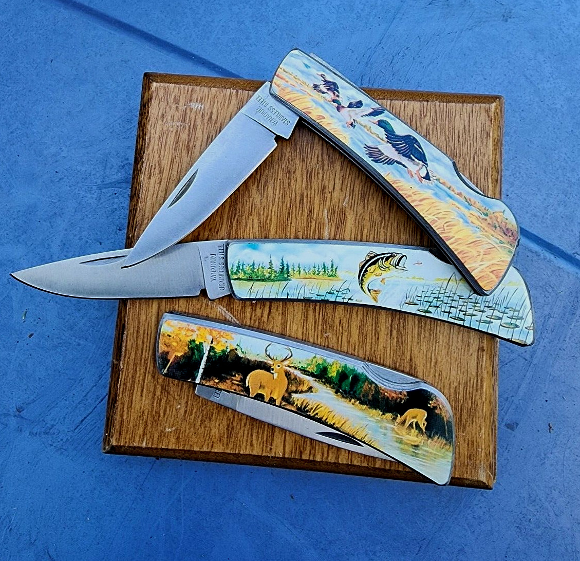 United Cutlery 3 knife Set In wood Case Taiwan Deer Bass Duck