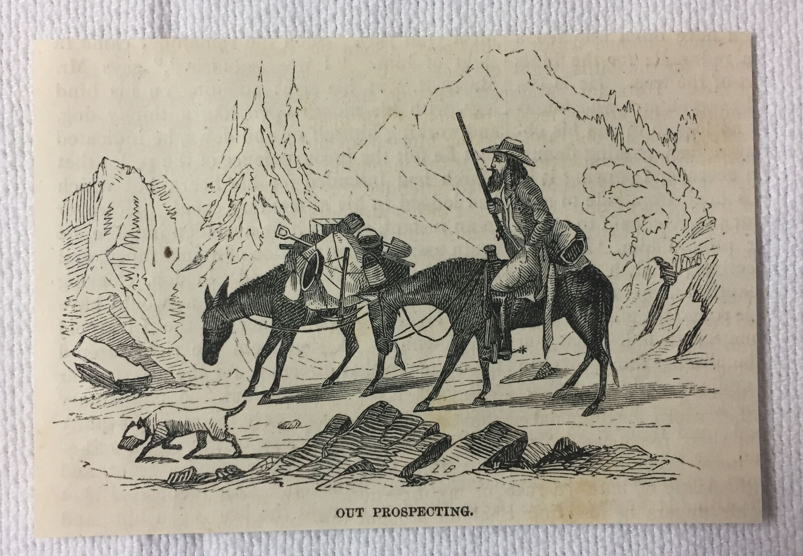 small 1855 magazine engraving ~ OUT PROSPECTING for gold in California