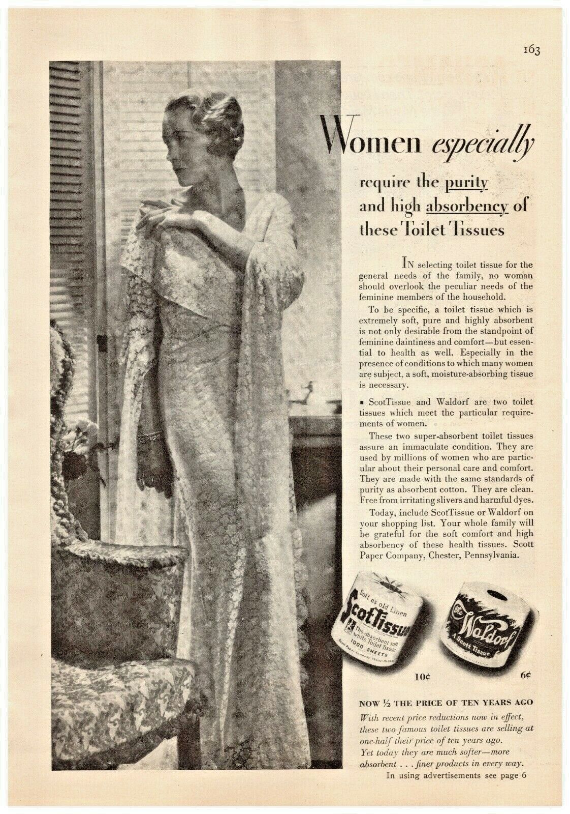 1933 Scott Toilet Tissue Vintage Print Ad Women Require Purity And Absorbency 