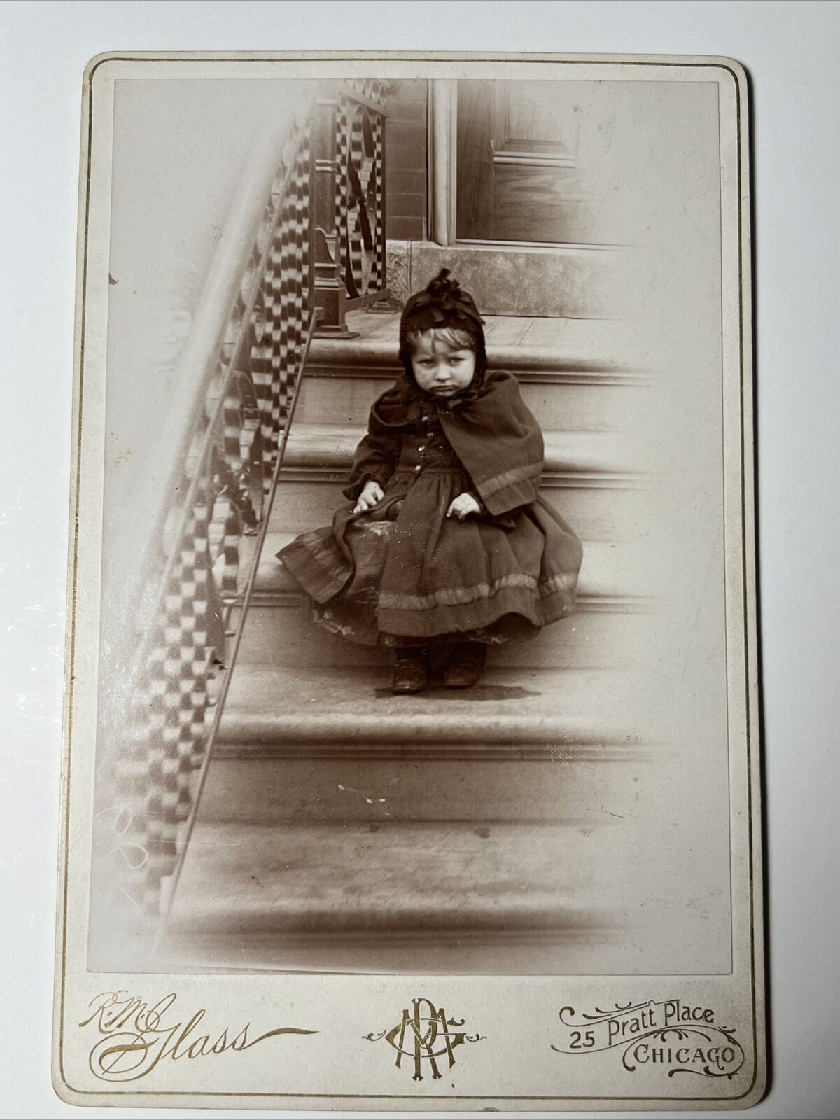 1890s LITTLE ROSE SANKUP sitting on Cold HOUSE STEPS antique Cabinet Card Photo