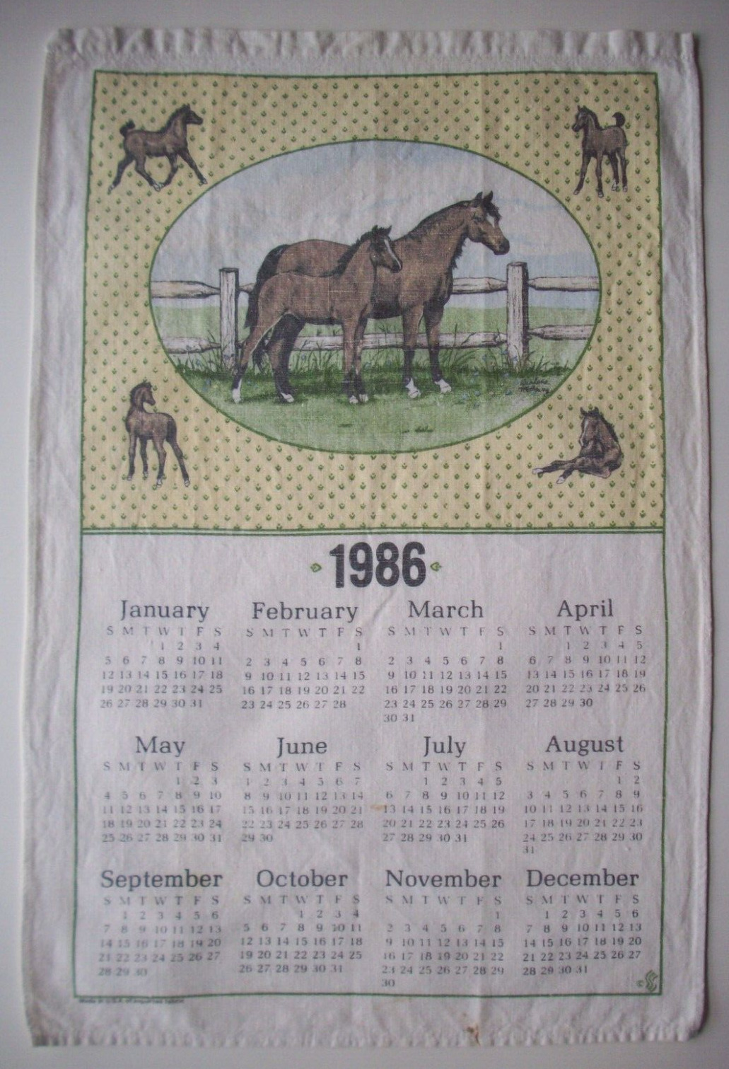 1980\'s 1986 kitchen calendar towel Horses colt Mare