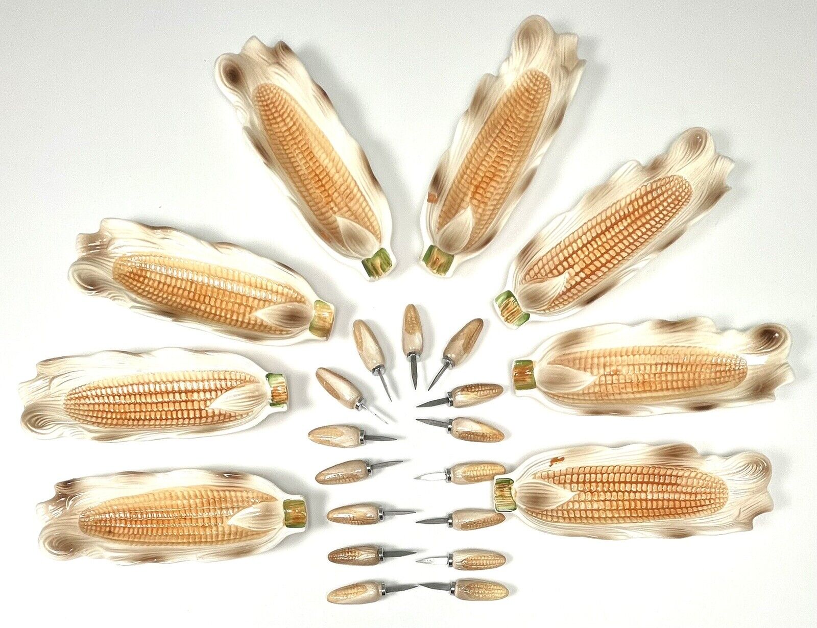 OUR OWN IMPORT Ceramic CORN ON THE COB DISHES SKEWERS Service for 8 *READ* Japan