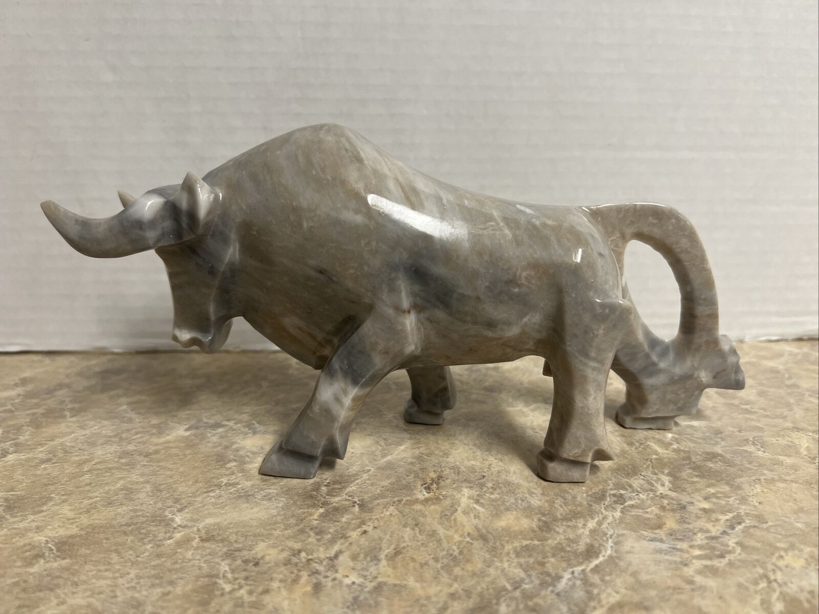 Vintage Hand Carved Marble Onyx Charging Bull Statue Figurine Stone Gray