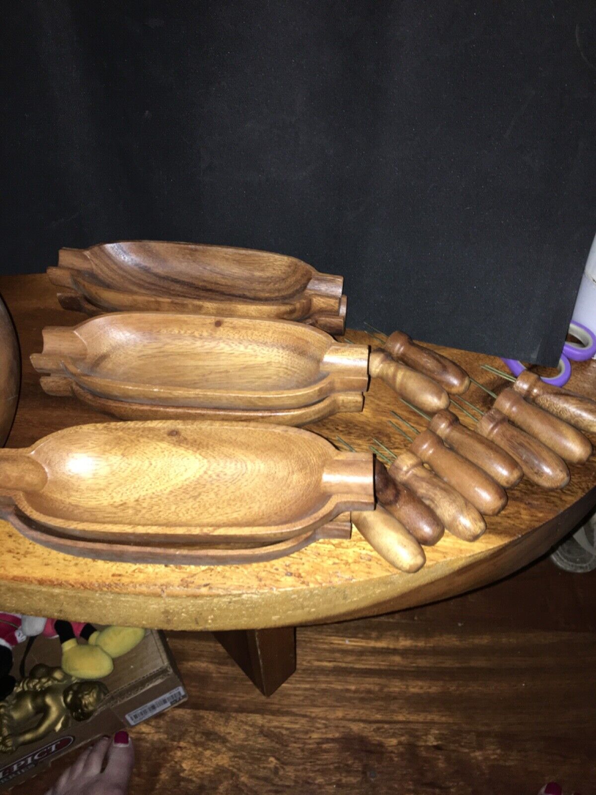 Vinage, Wooden Corn On The Cobb Bowl boat, Scewer Set From The Philippines