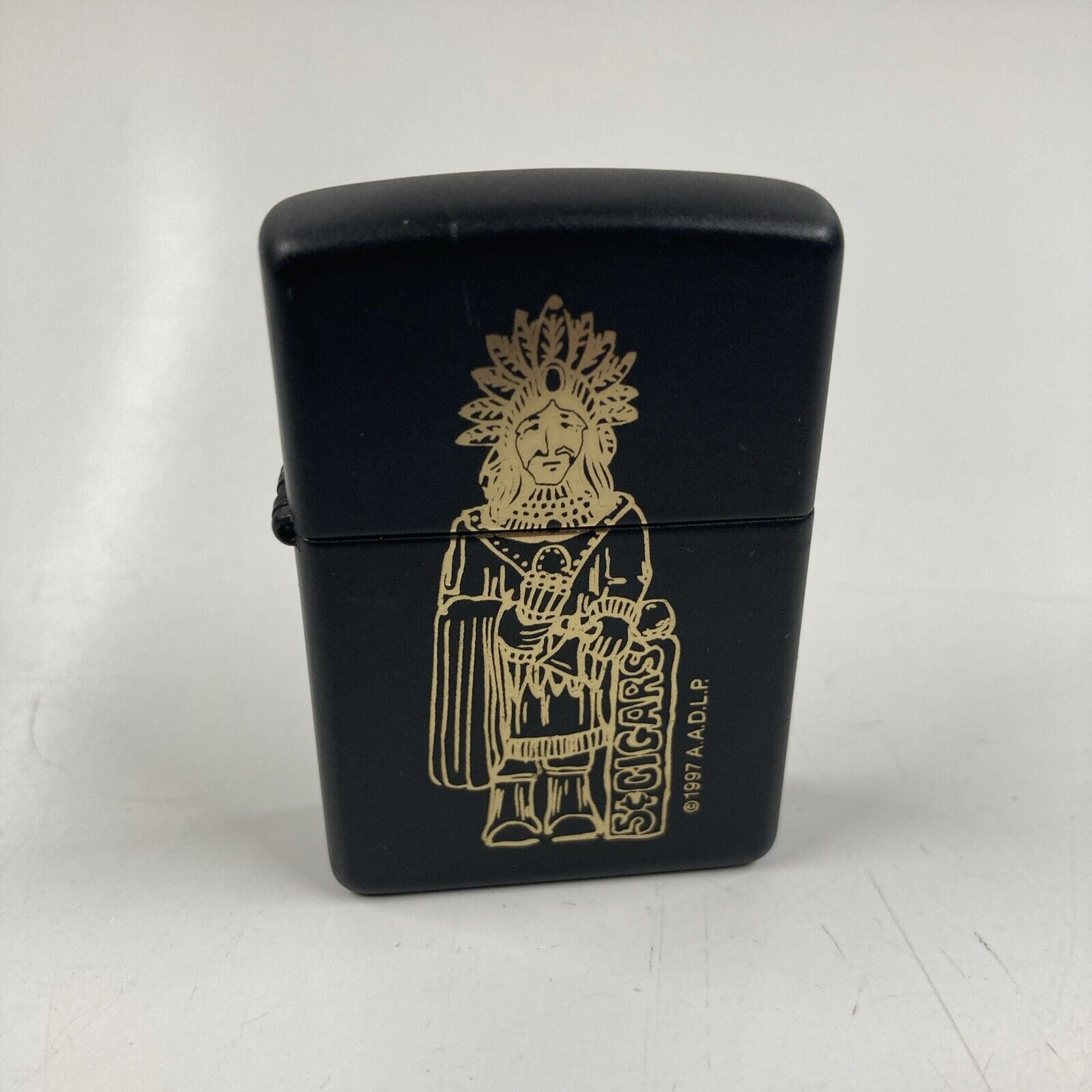 Vintage 1997 ZIPPO Lighter 5 Cent Cigars Wooden Indian Black Gold Statue