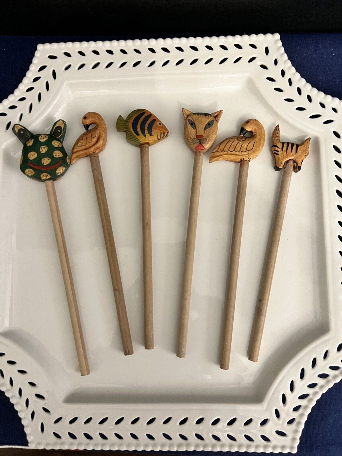 Vintage Hand Carved, Hand Painted  Wood Pencils.  Frog, Flamingo, Cat, Fish (6)