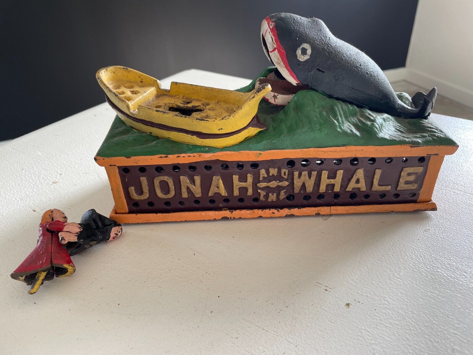 Jonah and the Whale Cast Iron Vintage Reproduction Penny Bank - Jonah Broken