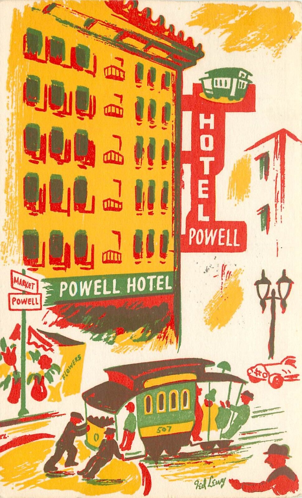 Ted Lewy San Francisco Art Postcard Powell Hotel & Trolley, Mid Century c1950