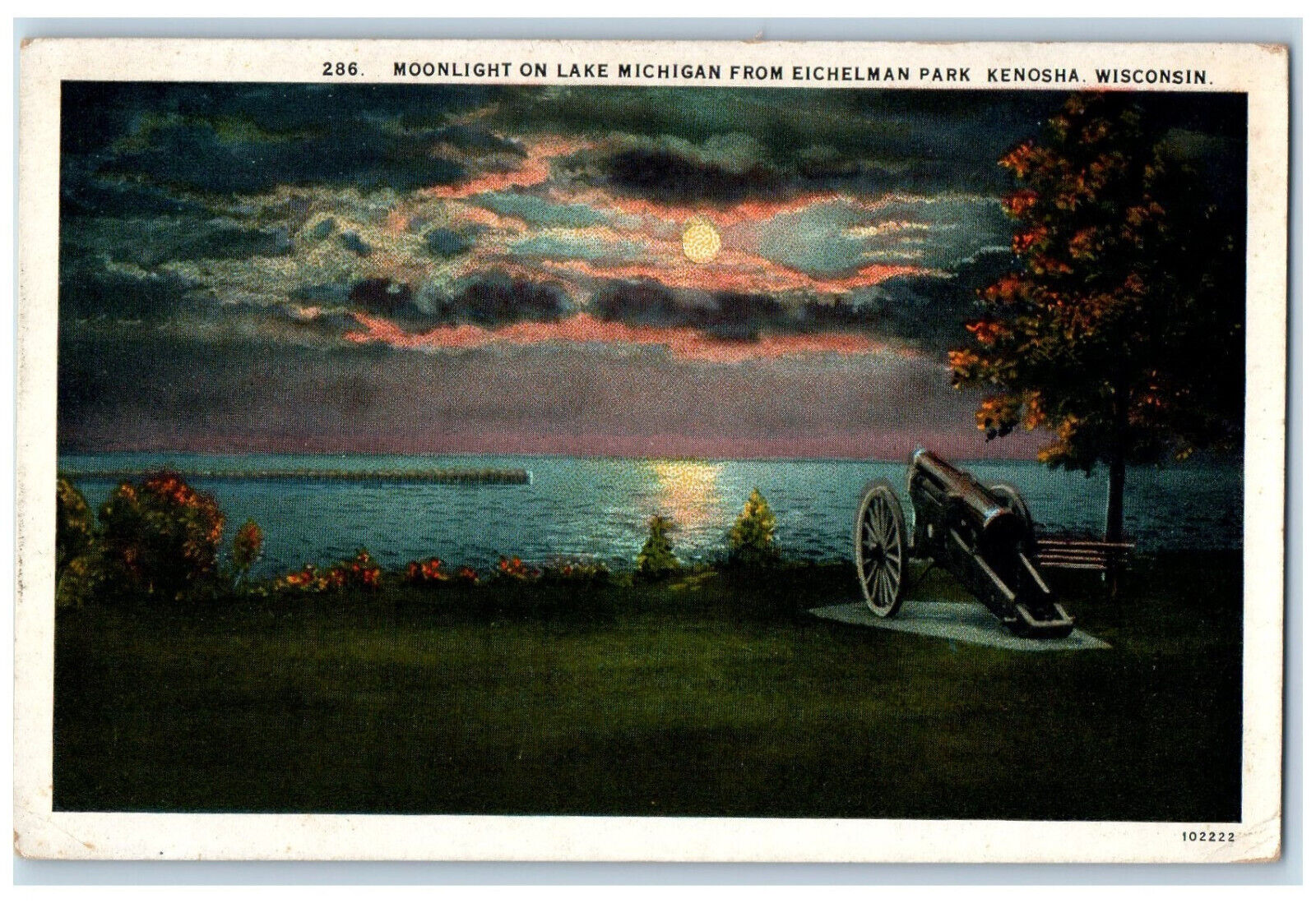 c1920\'s Cannon Moonlight on Lake Michigan Eichelman Park Kenosha WI Postcard