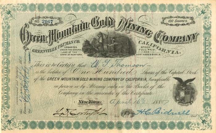 Green Mountain Gold Mining Co. - Stock Certificate - Mining Stocks
