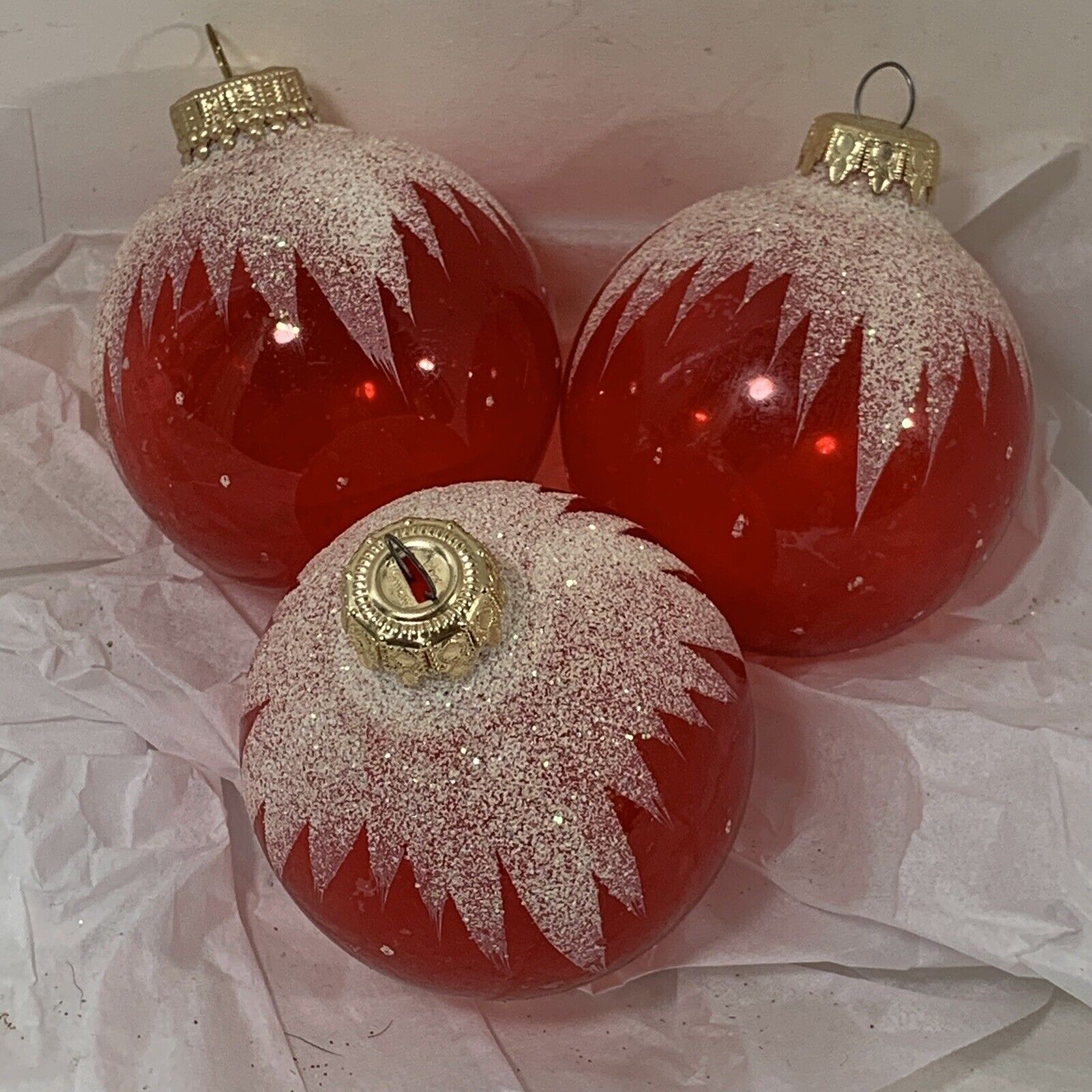 Vintage West Germany 3 Pc Red Snow Cap Christmas Ornament Lot Mica 2.5\