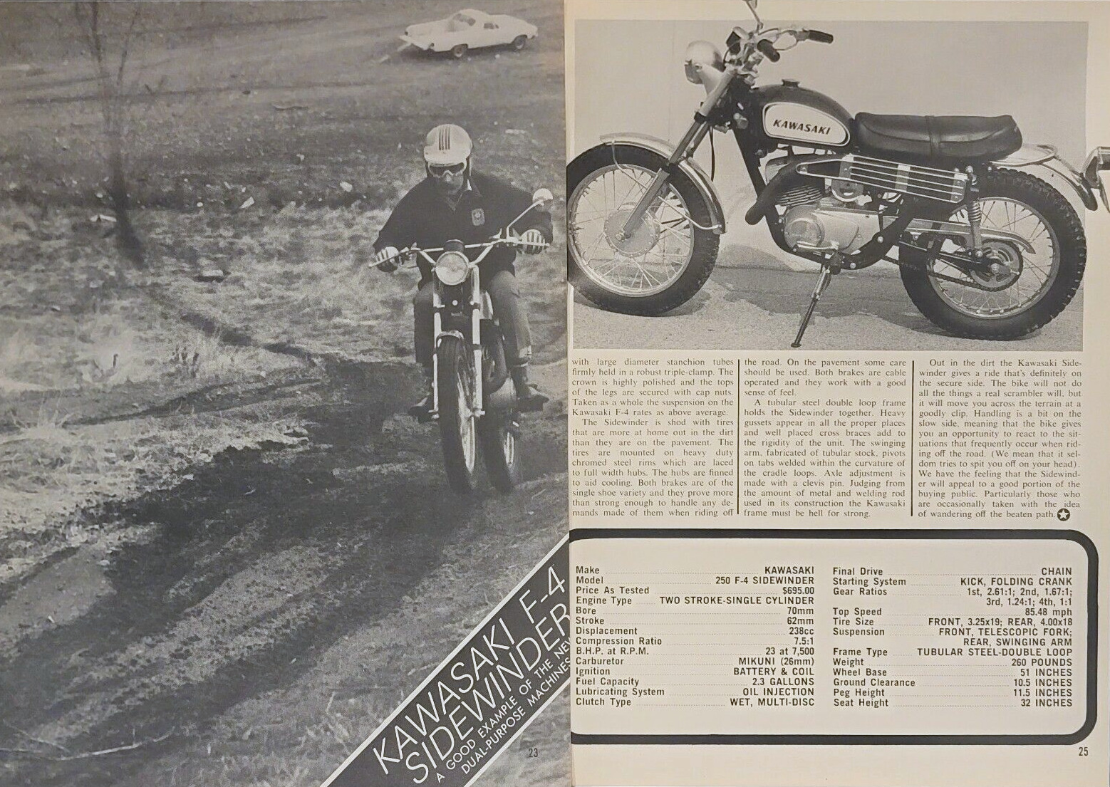 1971 Kawasaki F4 Sidewinder 3pg test Article With specs