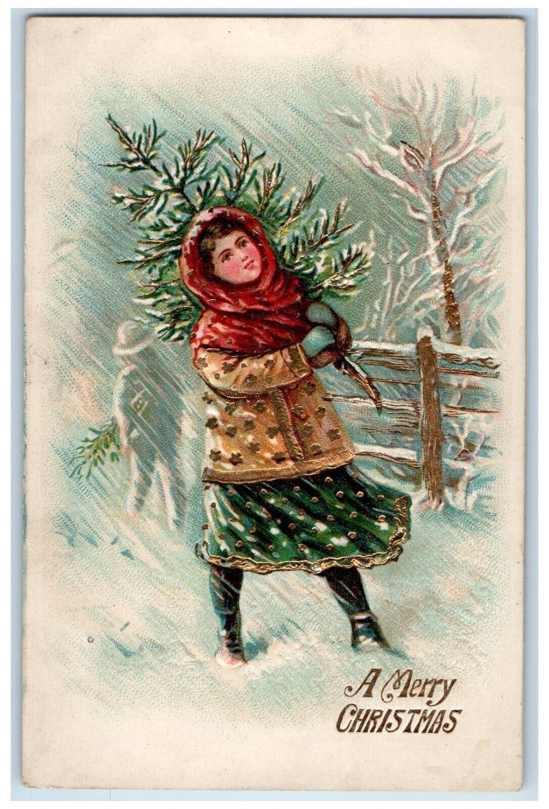 c1910's Christmas Girl Holding Christmas Tree Winter Snow Embossed Postcard