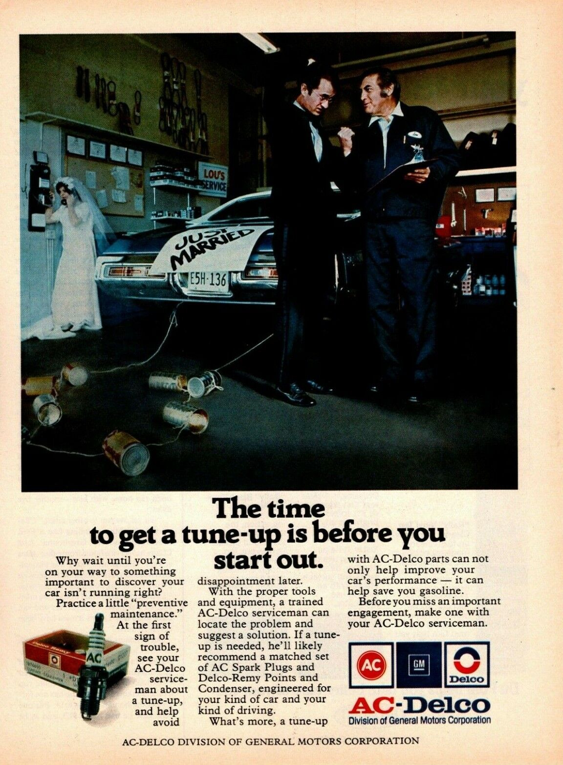 1975 AC Delco Spark Plug Remy Points Just Married Tin Cans Tune-Up GM Print Ad