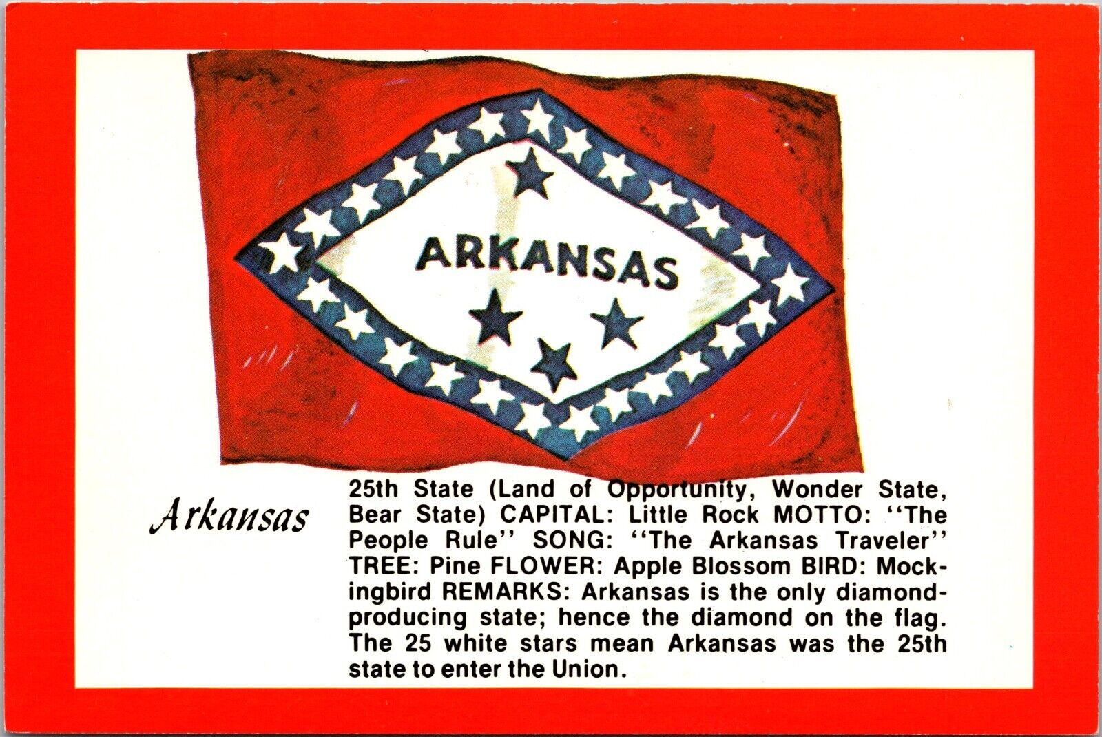 Arkansas Flag 25th state Wonder State Capital Little Rock postcard unposted