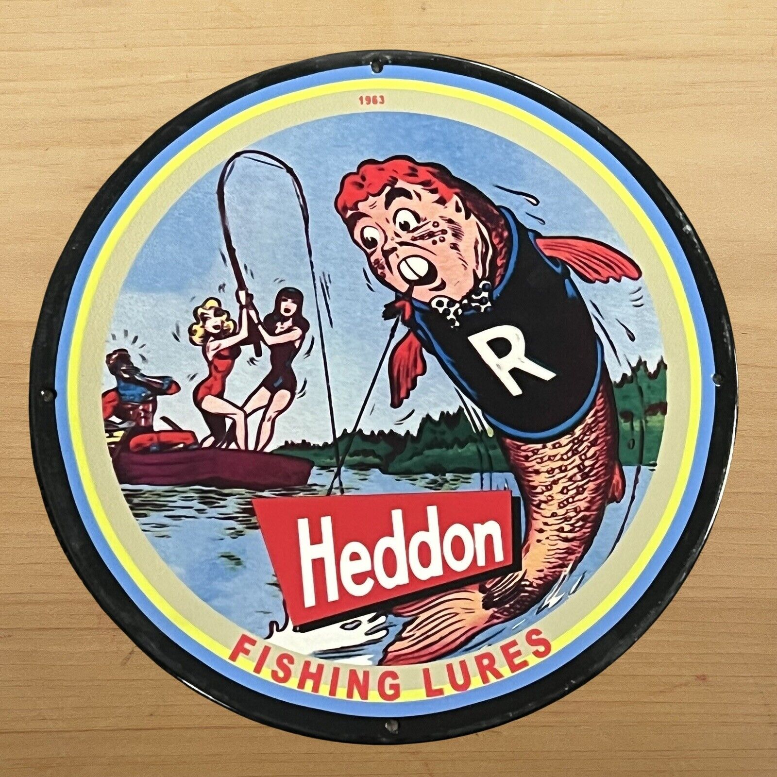 VINTAGE HEDDON PORCELAIN SIGN FISHING LURES SALES SERVICE STATION PUMP PLATE AD