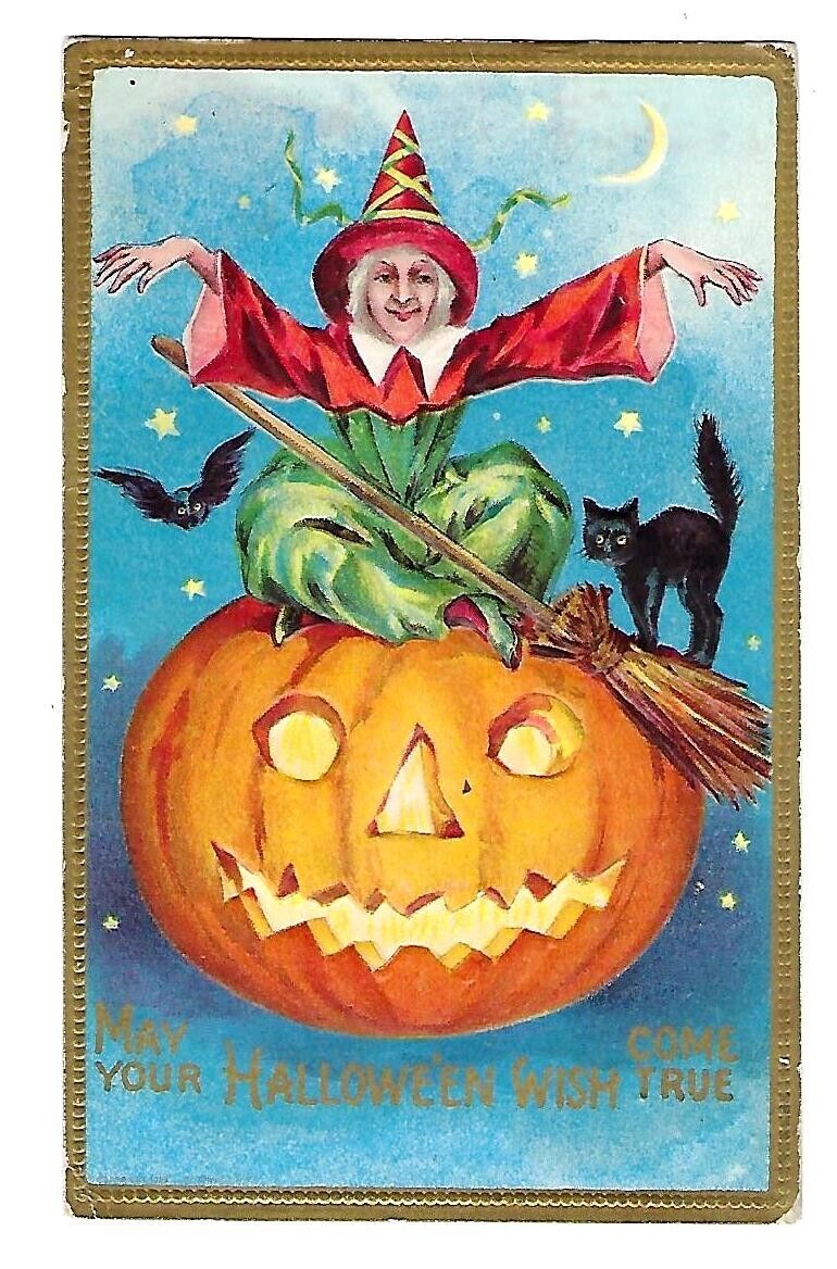 Early 1900\'s Halloween Postcard Witch On Top Large Pumkin, Ca & Bat