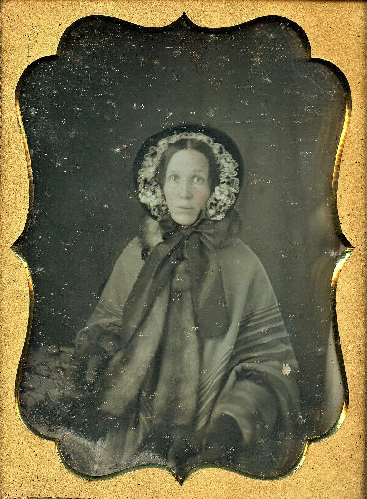 Victorian Woman in Winter Fashion Cloak, Bonnet Hat, Vintage Daguerreotype Photo