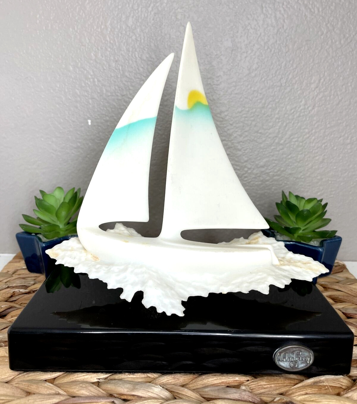 Vintage John Perry Sailboat Statue Weighted Base Nautical Ocean Sea Sunset