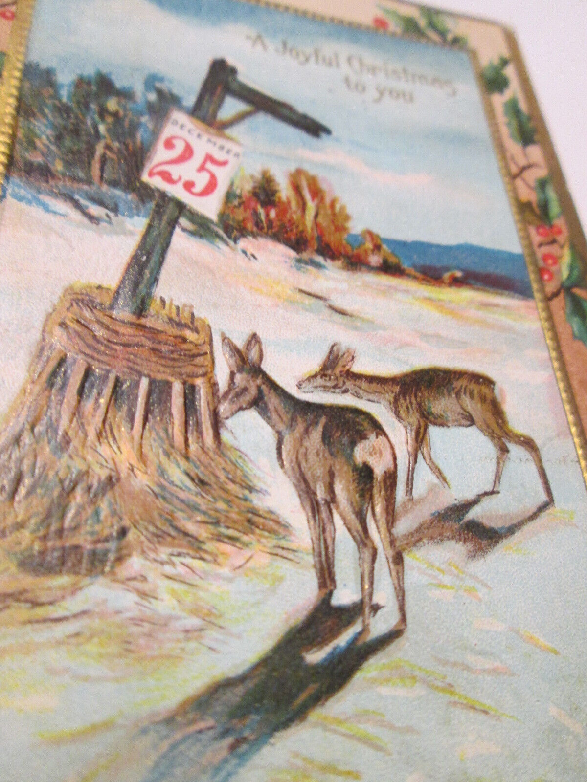 Embossed Antique Postcard Christmas Deer Forest Holly Border USED Circa 1910