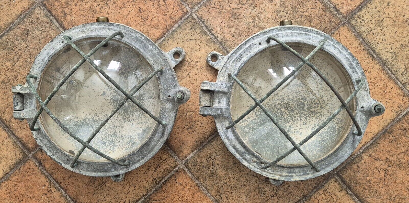 Pair of Vintage Industrial Caged Bulkhead Lights