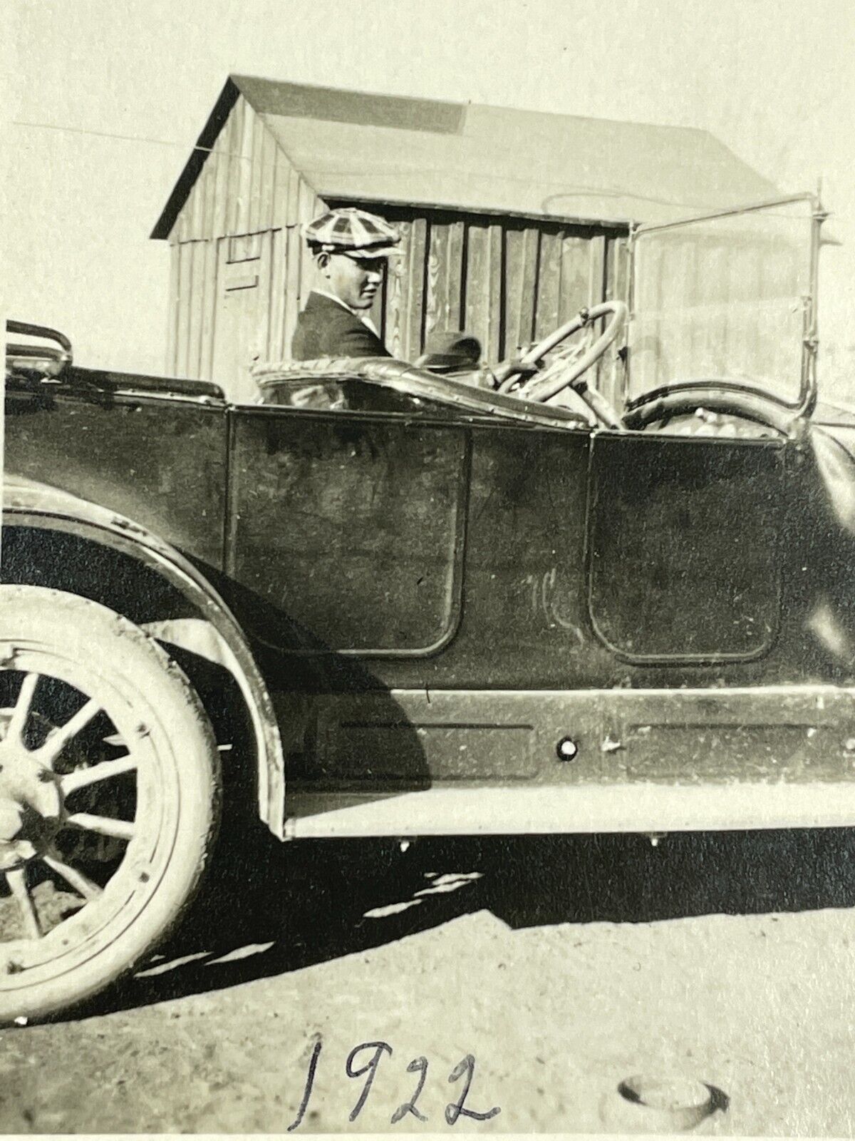 R5 Photograph 1922 Handsome Man Convertible Automobile Car Barn Overland 