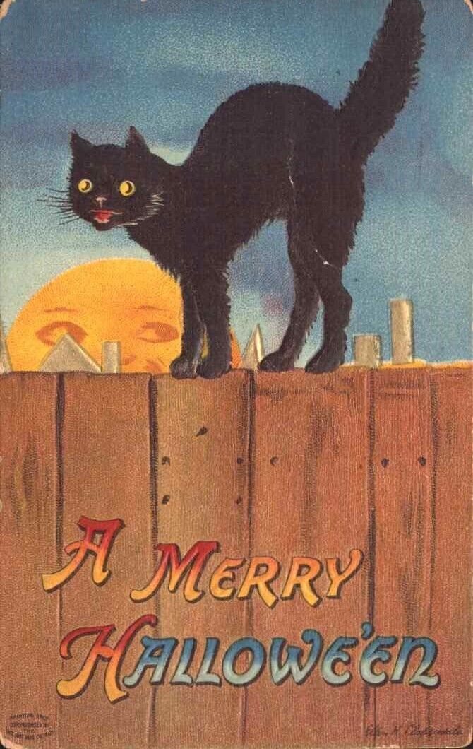 1915 antique HALLOWEEN postcard signed CLAPSADDLE    BLACK CAT ON FENCE