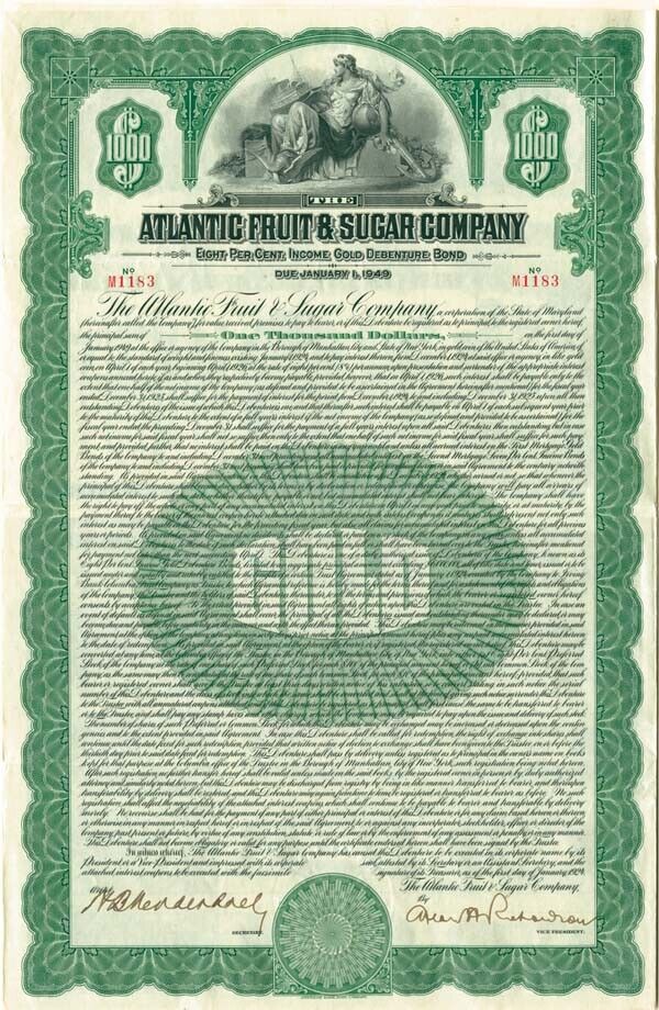 Atlantic Fruit and Sugar Co. - $1,000 Bond (Uncanceled) - General Bonds