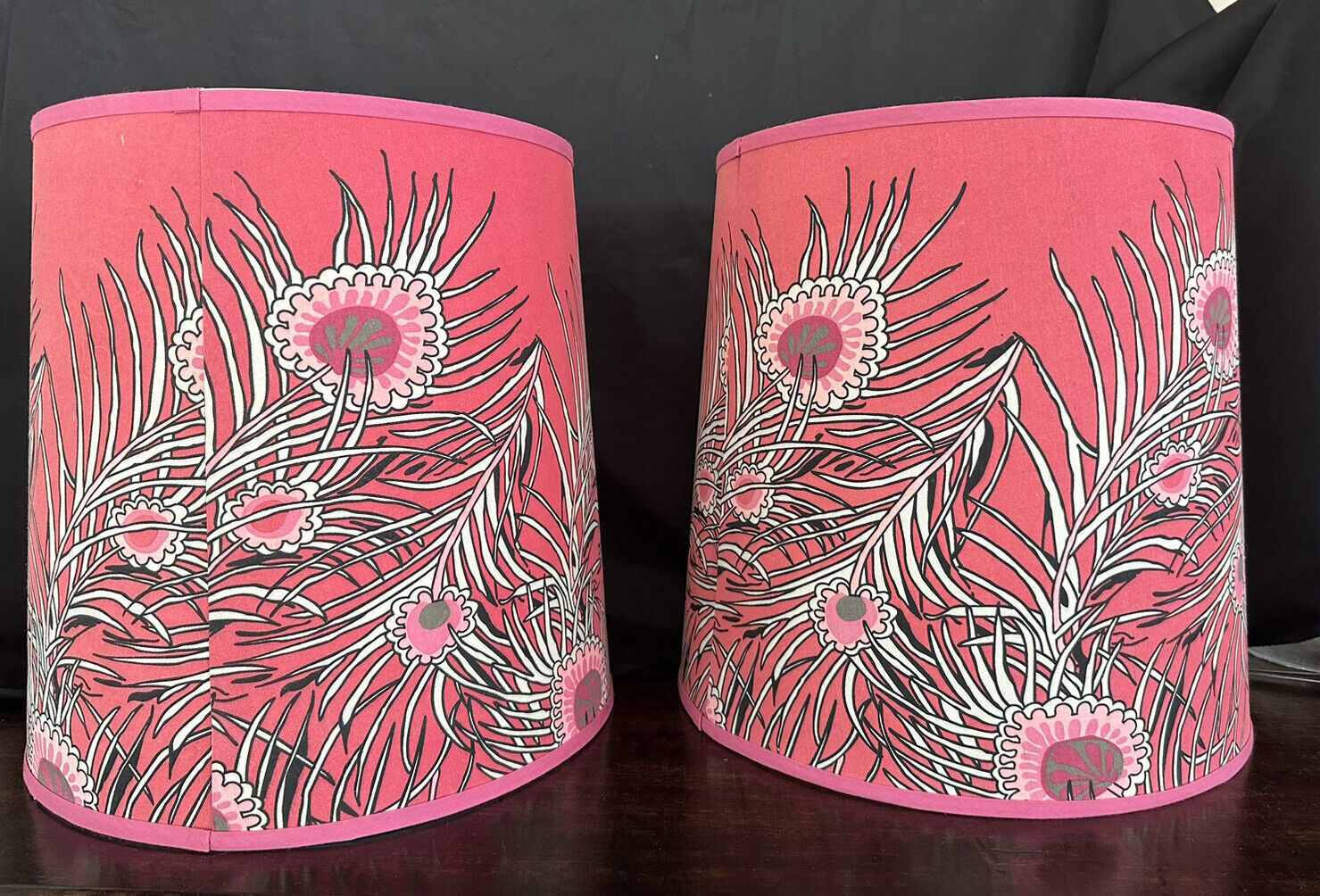 Pair of Bold Pink Peacock Feather Lamp Shades 