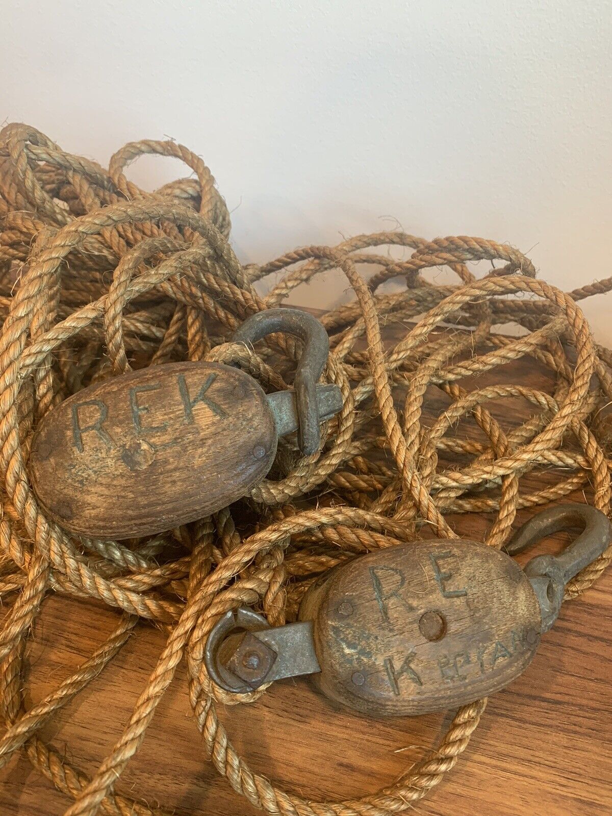 B & L Block Co 2 Antique Block and Tackles with old rope