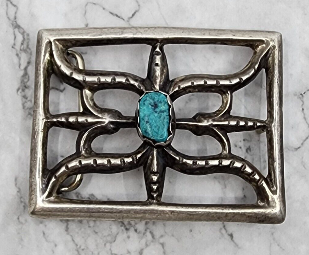 Old Pawn Navajo Sandcast Sterling Silver & Turquoise Belt Buckle