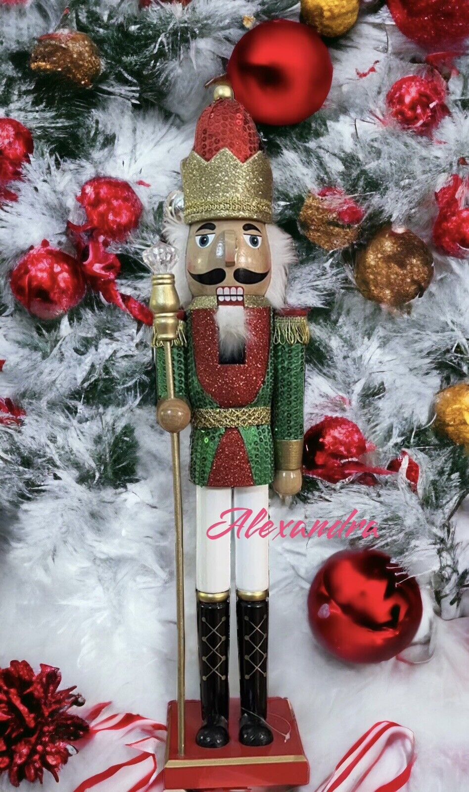 Large 23 Inch Wooden Nutcracker Green Sequin Gold Crown Royal King New