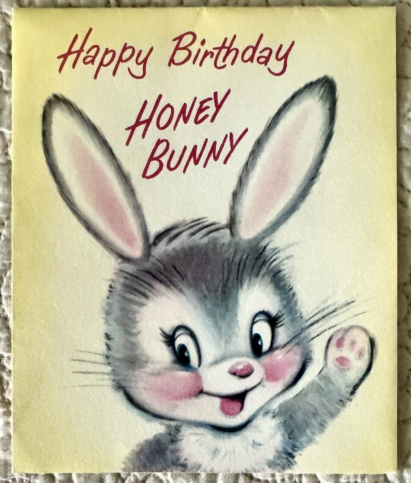 Vintage Birthday Rabbit Honey Bunny Gray Pink Greeting Card 1950s 1956 Norcross