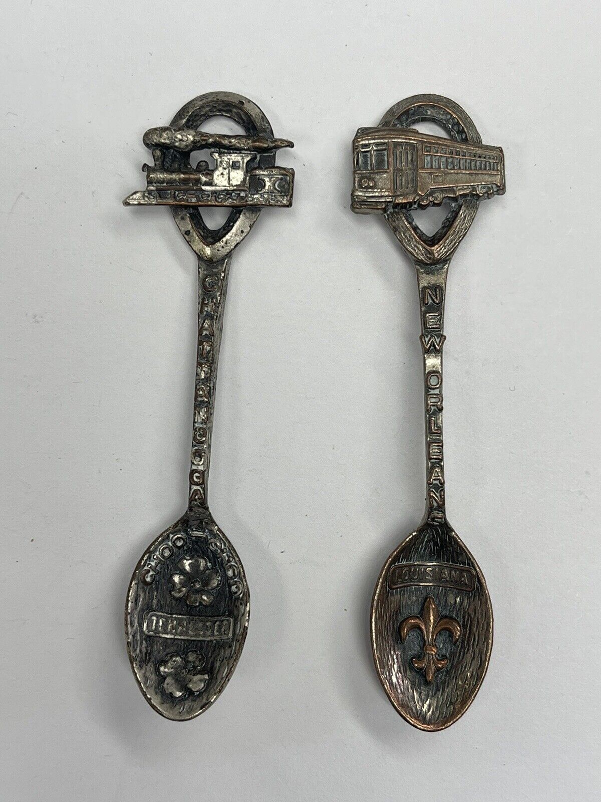 2 Gish Collectible Pewter Spoons. Locomotive /Tennessee and Train/ Louisiana