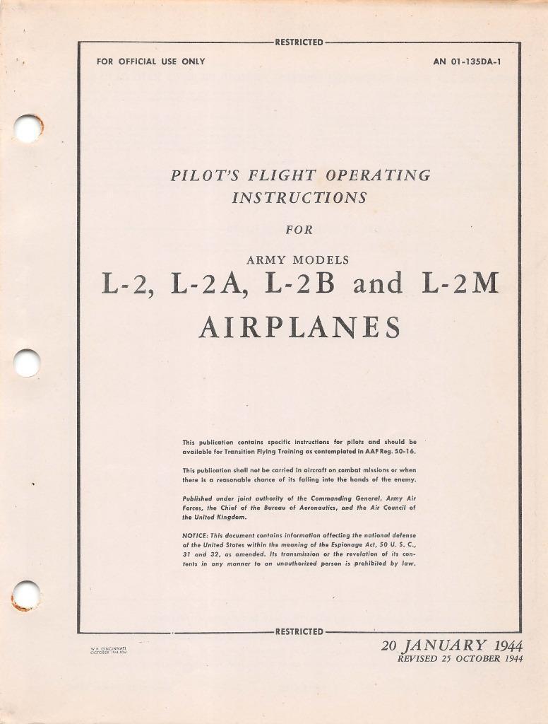 1944 AAF TAYLORCRAFT L-2,L-2A,B & M GRASSHOPPER PILOTS FLIGHT MANUAL HANDBOOK-CD