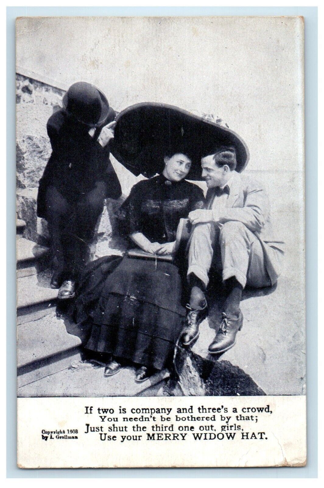 c1910\'s A Two Girls And Boy Merry Widow Hat Unposted Antique Postcard