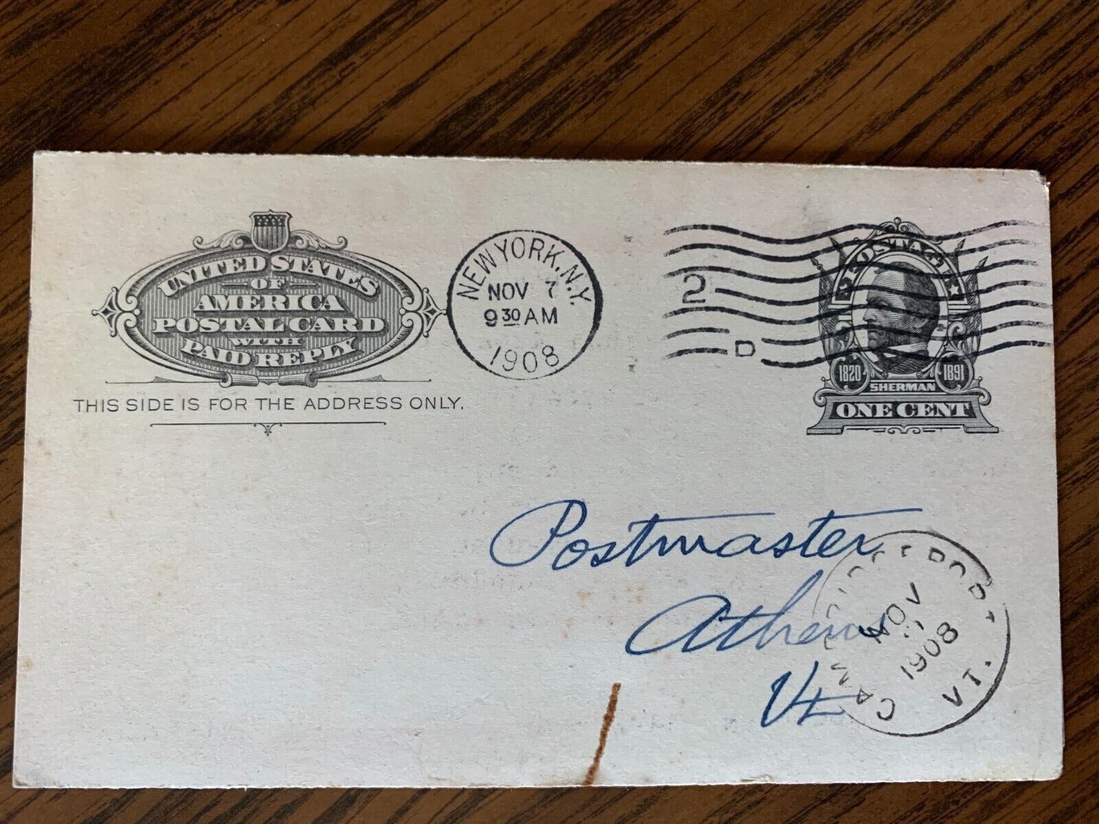 Paul Belden - United States Postal Card ~ Postcard Posted - Nov 7 1908