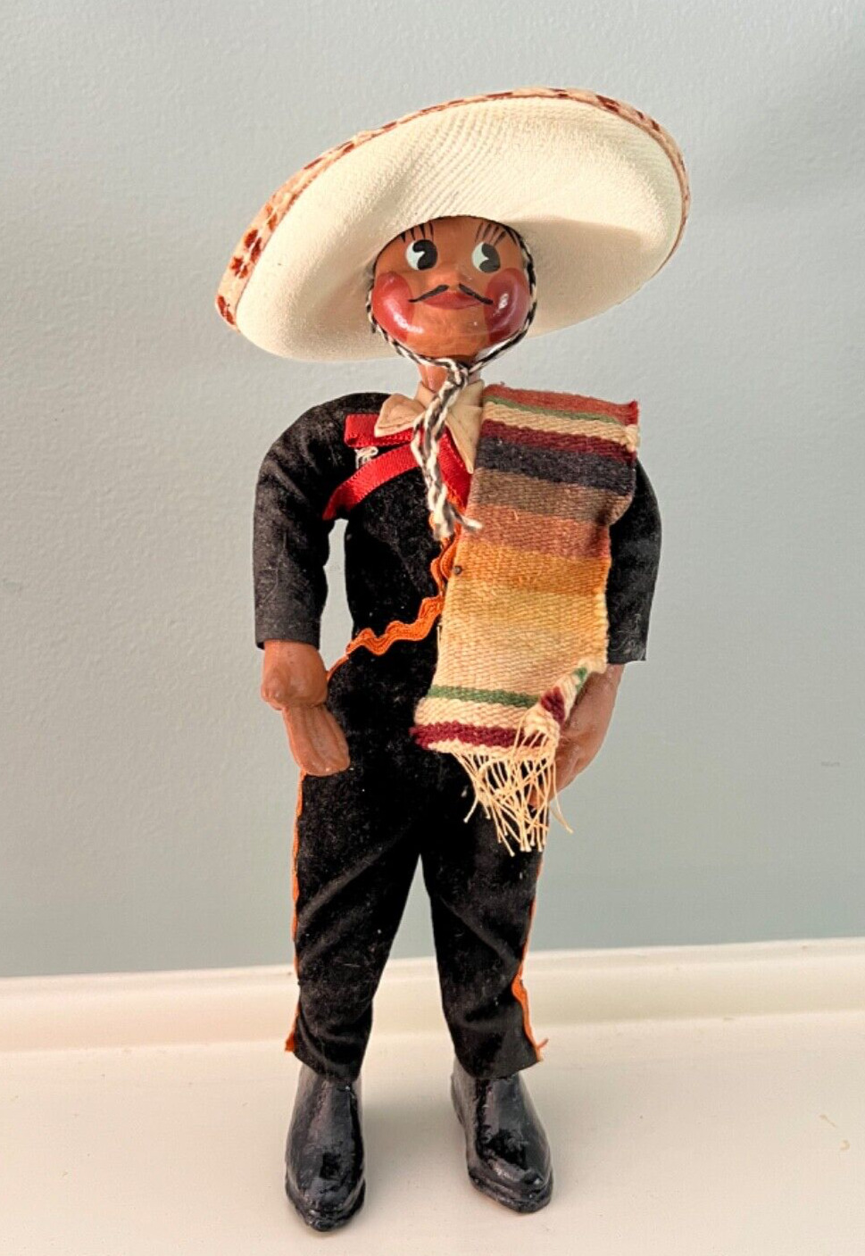 Vintage Mexican Folk Art Male Composition Doll with Removable Sombrero - 9 1/4\