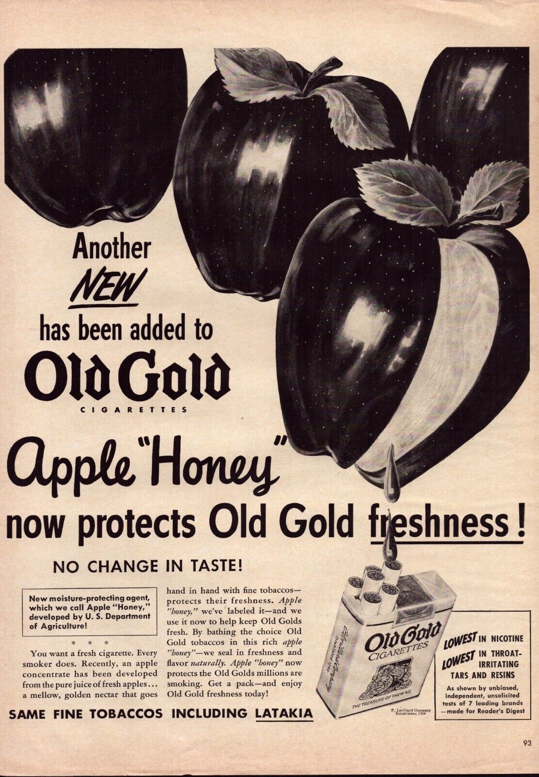 1943 Old Gold Cigarettes Print Ad Apple Honey Protects Freshness