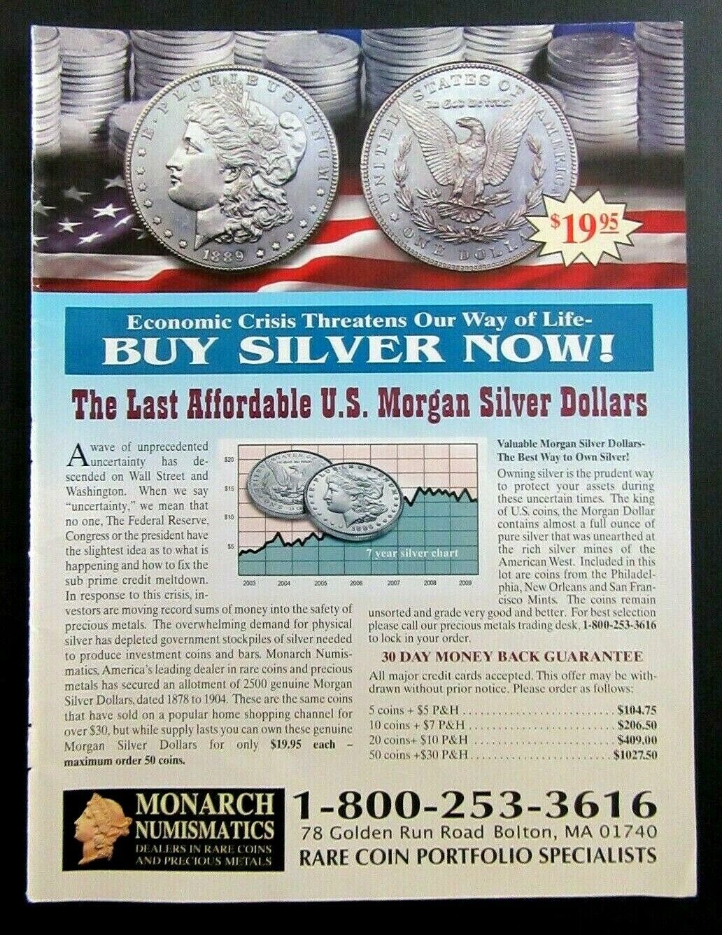 2009 MONARCH NUMISMATICS U.S. Morgan Silver Dollars Magazine Ad