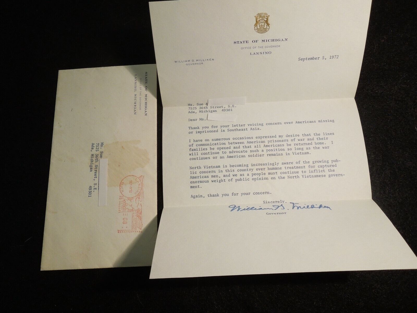 William G. Milliken Authentic Signed Office Letter Governer of Michigan 9/5/72