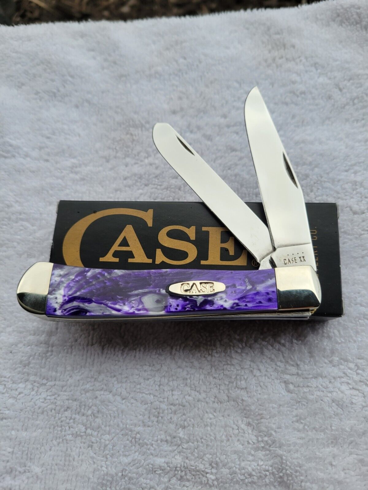 Case xx USA 2 Blade Trapper Knife Purple Swirl Handles NIB