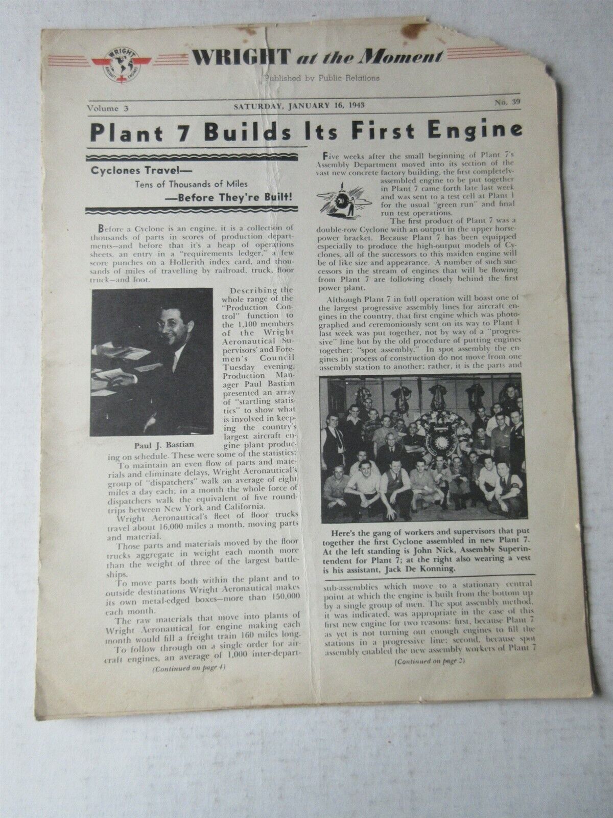 Wright at the Moment Curtiss-Wright newsletter January 16, 1943 Plant 7 Cyclone