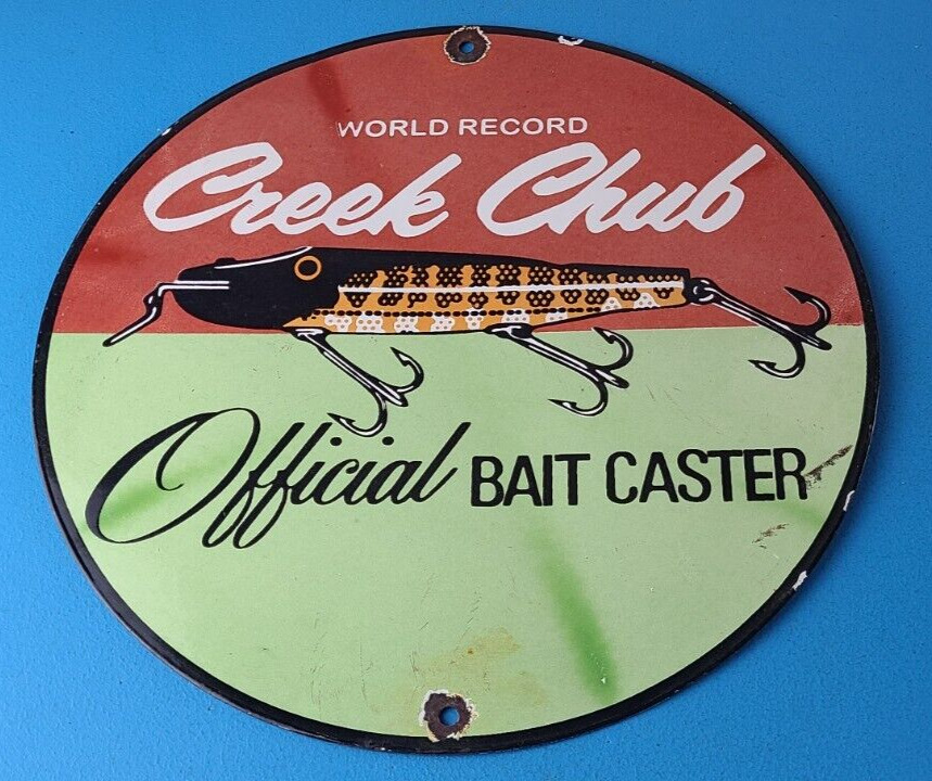 Vintage Creek Chub Bait Caster Lures Gas Pump Cabin Fishing Porcelain Pump Sign